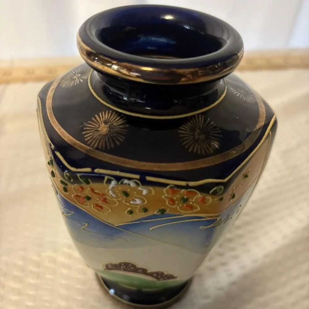 Vintage Cobalt Blue Japanese Satsuma Moriage 6